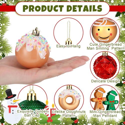 Syhood 40 Pcs Gingerbread Man Christmas Ball Ornaments 2.4 Inch Gingerbread Christmas Decorations Shatterproof Red Green Gold Candy Donut Xmas Baubles for Tree Home Wreath Holiday Office Indoor Decor