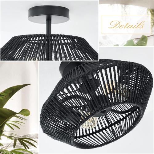 2-Lights Woven Rattan Ceiling Light Fixture, Black Farmhouse Hand-Woven Cage Semi Flush Mount Ceiling Light, Small Boho Coastal Basket Close to Ceiling Light for Bedroom Hallway Nursery Entryway