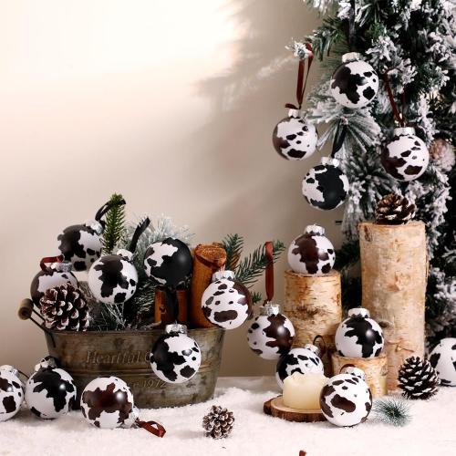 Syhood 24 Pcs Cowhide Printed Christmas Ball Ornaments 2.4 Inch Plastic Western Cow Ornaments Country Western Party Decorations Rustic Holiday Xmas Baubles for Tree Home Gift