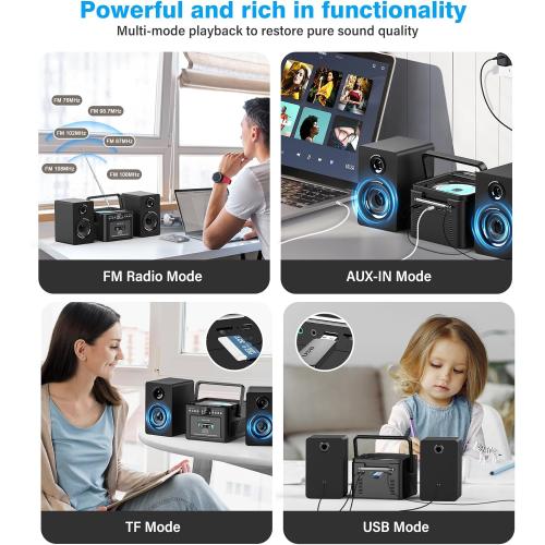 Black Greadio Stereo System for Home with Boombox CD and Cassette Player Combo, 40W Home Stereo System with Bluetooth, FM Radio/USB/TF/AUX/Remote Control, Detachable Wooden Bookshelf Speakers