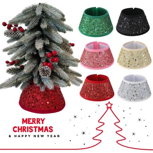 7.5 Inch Glittering Christmas Tree Collar, Sequin Rustic Mini Tree Skirt Base Cover for Small Tabletop Trees, Holiday Home Decor Gift, Red