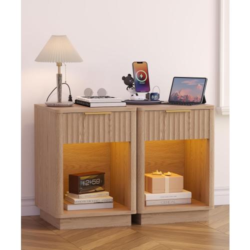 Akxomel Fluted Nightstands Set of 2, Wooden Night Stand with Charging Station and LED Light, Modern Mid Century Bed Side End Table with Drawer, 15 D x 15.7 W x 22.6 H, for Bedroom, Natural Oak