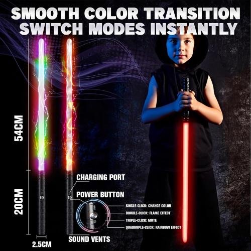 SANCO Metal Hilt Dueling Light Up Sabers - 2 Packs RGB 15 Colors Type-C Rechargeable Power Swords with 31 Light Effects & Motion-Sensing FX, Glowing Toys for Halloween Cosplay, Gifts for Kids & Adults