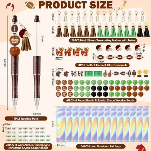 COcnny Football Beadable Pens Set - 14 Set Autumn Rugby DIY Ballpoint Pen Making Kit with Bead Craft, Sport Party Beaded Bulk Charm Tassel Supplies for Women School Students Office Gift