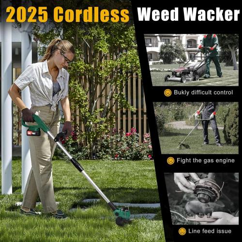 Electric Weed Wacker Cordless, Electric Grass Trimmer 21V 4.0Ah Battery Powered Weed Trimmer, 3 in 1 Lightweight Brush Cutter/Edger/String Trimmer with 2 Types Blade & for Garden and Yard Lawn