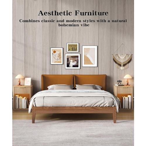 Akxomel Fluted Nightstands Set of 2, Wooden Night Stand with Charging Station and LED Light, Modern Mid Century Bed Side End Table with Drawer, 15 D x 15.7 W x 22.6 H, for Bedroom, Natural Oak