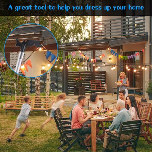 Ladderless Telescopic Poles for Hanging Christmas Lights, 3.8-12 FT Long Extension Pole with Utility Hook, Outdoor String Light Installation Tool, Extend a Reach Rod Kit