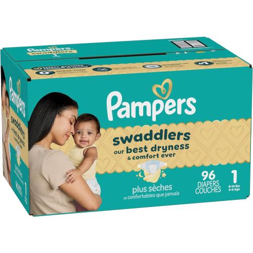 Pampers Swaddlers Diapers, Size 1 (8-14 lbs), 96 Count, Absorbent, Keeps Baby Dry and Comfortable, Skin Safe Disposable Baby Diaper (Packaging May Vary)