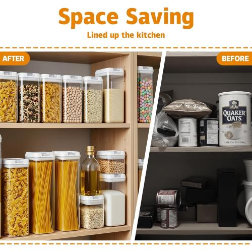 Airtight Food Storage Containers with Lids 7 pcs Plastic Kitchen and Pantry Organization Canisters for Cereal, BPA Free Kitchen Canisters for Spaghetti, Pasta, Dry Food, Flour and Sugar