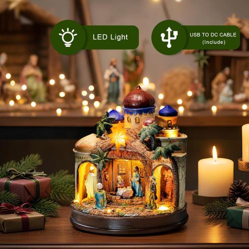 MXwcy Large Christmas Village Collectibles Statues Lighted Nativity Scene Architectural Decorations, Hand-Painted Bethlehem Creche with Holy Family & Magi, Religious Holiday Collectible Statue