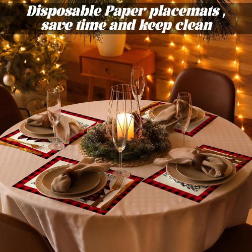 Umigy 60 Pcs Christmas Dinner Paper Placemats 10.24 x 14.57 Inch Christmas Tree Buffalo Plaid Disposable Paper Placemats Black and Red Table Mats for Xmas Dinner Kitchen Party Supplies