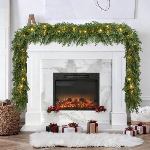 Lvydec Lighted Christmas Pine Garland Decoration, 9ft Realistic Cedar Cypress Garlands Christmas Greenery Garland with Lights for Holiday Mantel Fireplace Table Centerpiece (9ft)