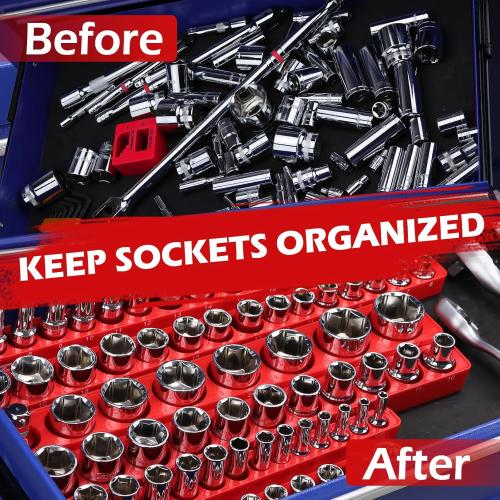 2-Piece 1/2-Drive Metric Magnetic Socket Organizer Set (Holds 19 Sockets) - Detachable Tool Tray with 5mm Magnetic Base, Screw-Fixed Design & Heavy-Duty Modular Storage for Garage/Home Workshop
