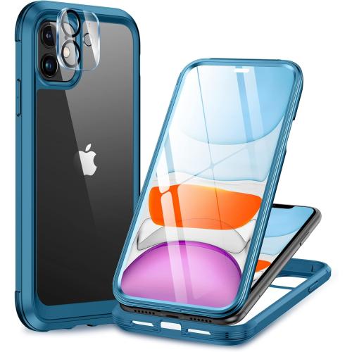 Miracase Glass Series for iPhone 11 Case 6.1 inch, Upgraded Full-Body Rugged Phone Bumper Case Cover with Built-in 9H Tempered Glass Screen Protector and Camera Protector, Light Blue