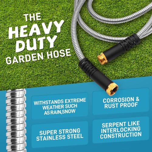 Garden Hose 25FT Stainless Steel Water Hose with 10 Functions Adjustable Spray Nozzle, Heavy-Duty Metal Garden Hose Flexible Durable No-Tangle & Kink Leak Dog Proof Hose for Yard Lawn(Blue)