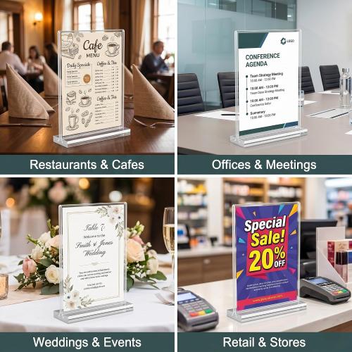 Amzlink® 10 Pack Acrylic Sign Holder 8.5 x 11, Double Sided Clear Tabletop Display Stand with T-Shaped Base, Plastic Table Sign Holder for Menus Flyers, Brochures, Table Numbers, Picture Frames, Restaurant, Office, Retail, Wedding & Party Decoration