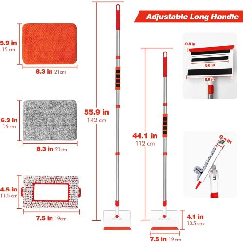 JEHONN Baseboard Cleaner Tool with Handle, 56 inches Base Boards Cleaning Mop Scrubber, 1 Stiff Bristles Brush, 2 Chenille and 2 Microfiber Pads, Wall Duster for Floorboard Ceiling Window Tile