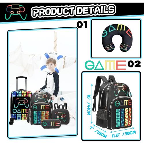 Kid’s Luggage Set 5 Piece Suitcase Set 16’’ Hardside Luggage with Spinner Wheels Girls Boys Carry on Luggage Travel Rolling Luggage Airline Approved