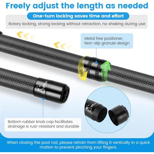 NEW Pool Pole Carbon Fiber, Premium15FT Pool Pole telescopic 4.6 to 15 FT, Adjustable 4 Piece Extendable Pool Cleaning Pole, Professional Pool Pole fit for Brushes, Vacuum, Nets, Skimmers, Rakes
