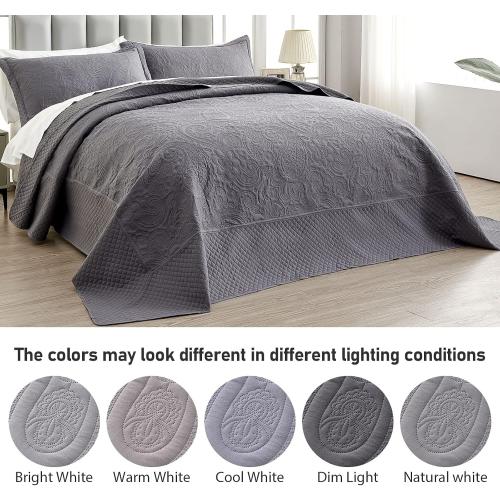 Qucover California King Bedspreads 128x120, Soft Microfiber Ultrasonic Lightweight Dark Grey Oversized King Quilt, 3 Piece Reversible Paisley Pattern Cal King Quilt Set, Grey