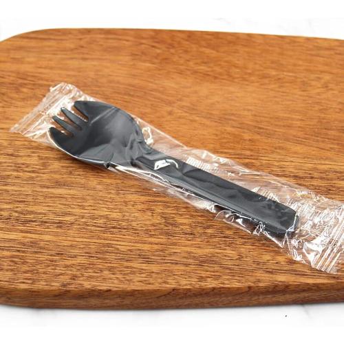 6 pc Disposable Sporks, Individually Packaged Plastic Spork for Cakes, Desserts, Ice Cream, Bread, Fork Spoon for Party, Wedding, Picnics, Buffet (Black)