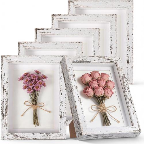 6 Pcs Wooden Picture Frame, Distressed White Frame Display Display Picture 5 x 4 with Mat or 8 x 6 Without Mat, Wood Rustic Photo Frames for Tabletop and Wall Mounting