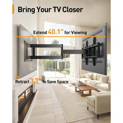 Black 42-90 Perlegear Long Arm Full Motion TV Wall Mount for 42–90 Inch TVs up to 150 lbs, 40″ Long Extension, Pre-Assembled Corner TV Mount with Full Swivel, Tilt, Fits 8″/12″/16″/24″ Studs, Max VESA 800x400mm
