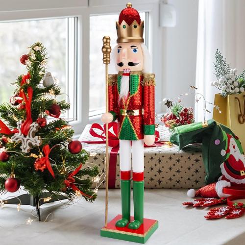 AMOR PRESENT 2.9Ft Christmas Nutcracker Figure, Large Shiny Wooden Nutcracker for Christmas Tree Front Door Hotel Decorations