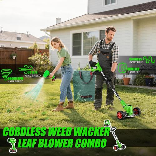 Cordless Weed Wacker Electric Battery Powered 21V Lightweight Electric Weed Trimmer with 2 Battery Operated Leaf Blower Weed Storage Bag Grass Trimmer/Edger Lawn Tool/Brush Cutter for Garden Yard