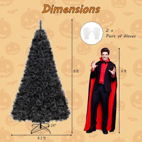 HAPPYGRILL 8 FT Pre-lit Black Christmas Tree, Artificial Halloween Tree w/860 Branch Tips, Frosted Pine Needles, 450 White LED Lights, Folding Metal Stand & Gloves, Hinged Xmas Tree for Carnival