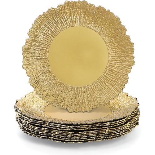Coloch Set of 52 Plastic Charger Plates, 13 Reusable Reef Serving Chargers for Dinner Plate Round Shiny Decorative Charger Plate for Wedding, Catering, Parties, Christmas, Home Dinner Use (Gold)