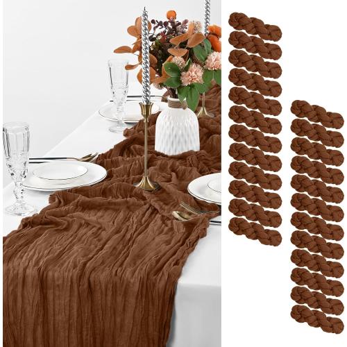 Pesonlook 24 Pack Cheesecloth Table Runner, 10FT Brown Table Runner Long Romantic Semi Sheer Rustic Boho Gauze Table Runners for Wedding Bridal Shower Birthday Party Decorations(21.5×120 Inch)