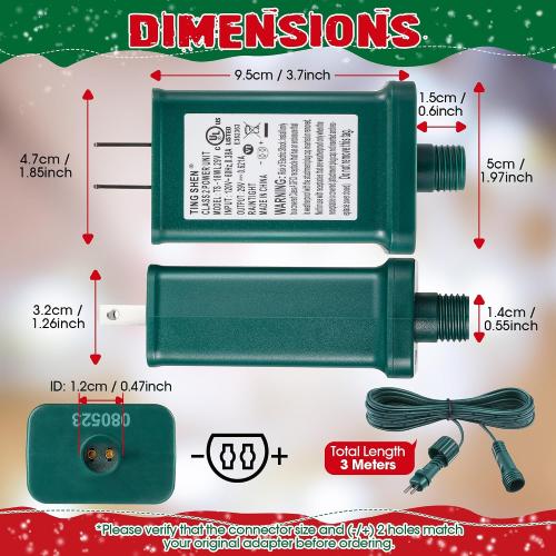 Meonum LED Power Supply, UL Certification Transformer Replacement Class 2 Power Supply with 3 Meter 2 Pin Extension Cable, Low Voltage Transformer US Plug Adapter for Christmas Tree Light(TS-18WL29V)