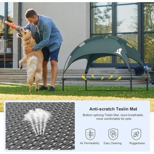GOJOOASIS Outdoor Dog Bed with Canopy, Waterproof Outside Dog Cots Pet Bed with Removable Canopy Tent, Cat Bed Shelter, Lifted Camping Pet Bed for Medium Dogs (Blue)