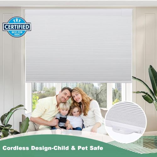 WHITE No Drill Cellular Shades for Indoor Windows, Thermal Insulating & Noise Reducing Honeycomb Blinds, Free Stop Cordless Blackout Shades, White, 25 1/2 W x 64 H