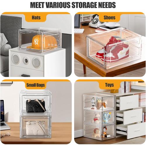Hat Organizer Box, Stackable Clear Baseball Caps Holder Box Containers with Magnetic Door for Hats Snapback Cap Storag, Hat Rack Display Case, Holds 8 Hats Each (Clear, 2 Pack)