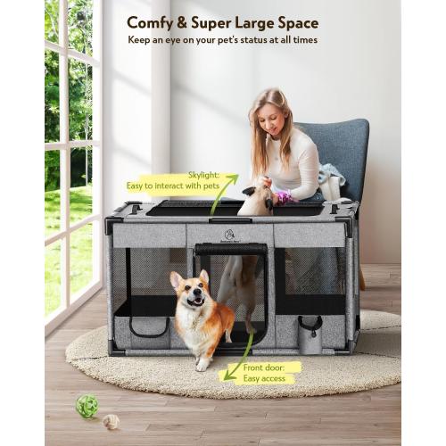 Dog Playpen,Fabric Fence, Portable Soft Cat Kennel Crate,Breathable Exercise Puppy Pen,PVC Pipe Frame,Indoor Outdoor Cage for Small Animals Under 25 Ibs with Carrying Case(Grey M)