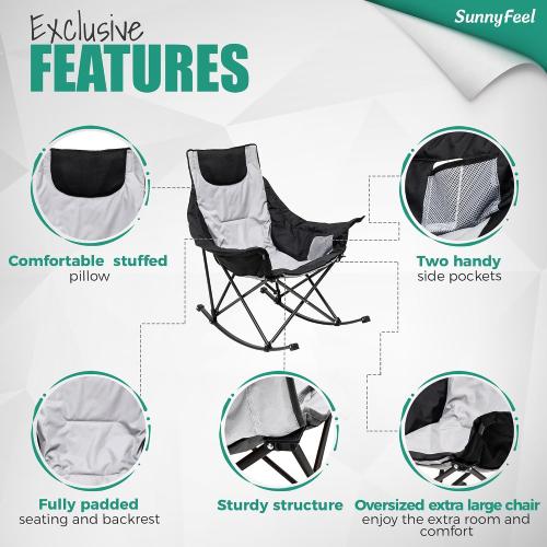SUNNYFEEL Oversized Rocking Camping Chair, Fully Padded Patio Chair with Side Pocket, High Back Portable Lawn Recliner with Headrest, Outdoor Camp Rocker Chairs for Adults Heavy Duty 500 LBS Carry Bag