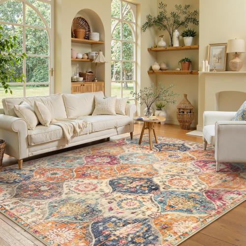 Lahome Moroccan Trellis Washable Area Rugs 5x7, 5x7 Area Rugs for Living Room Bedroom, Indoor Non-Slip Large Oriental Accent Throw Carpet for Kitchen Entryway Bathroom Office, Cream/Multi