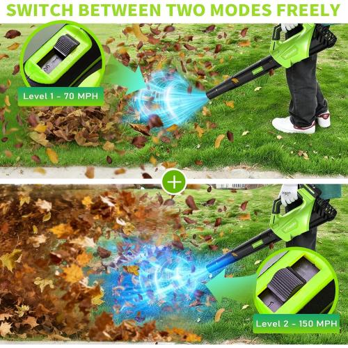 2026 Upgrade Leaf Blower, Leaf Blower Cordless with 2 * 2.6AH Batteries and Fast Charger, 450CFM &150MPH and 2 Speed Mode, Lightweight Electric Leaf Blowers for Lawn, Yard, Leaves, Dust Car (Green)