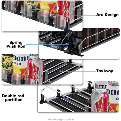 Drink Organizer for Fridge,12oz 16oz 20oz - Soda Can Dispenser for Refrigerator,Width Adjustable,Automatic Pusher Glide (Black, 15D 4ROW, Holds 20 Cans)
