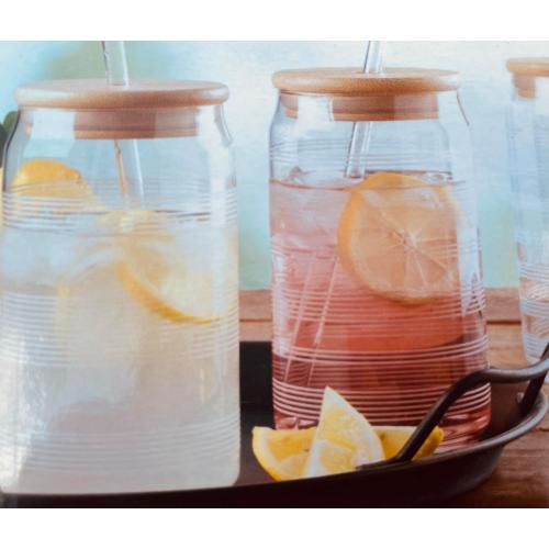 Mikasa Set of 4 Glass Tumbers with Bamboo Lid and Straws for iced tea, iced coffee, cocktail drinks, juices and beverages