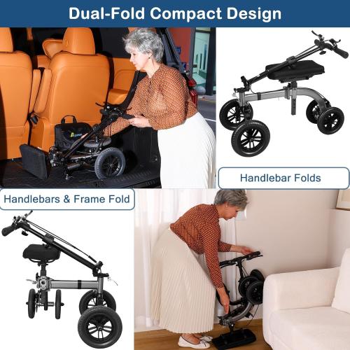 Collapsible All Terrain Knee Scooter for Adults for Foot Surgery, Adjustable Knee Walker Cart Scooters with Basket, Clearance Knee Crutchs Alternative for Broken Leg Ankle Injuries, Dual Brakes, Grey