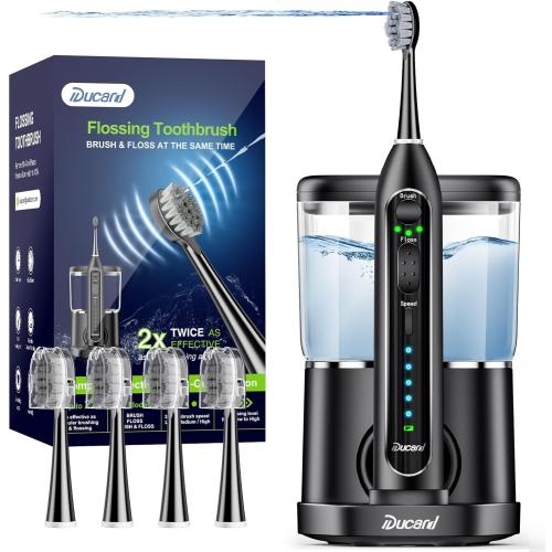 Electric Toothbrush with Water Flosser,Professional Flossing Toothbrush Combo for Teeth Cleaning Plaque Removal with 4 Replacement Heads, 3 Brush Modes & 5 Floss Speeds,Black