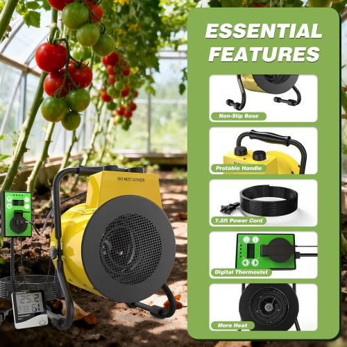 1500W Greenhouse Heater with Digital Thermostat, Outdoor Heater with Overheat Protection and 3-Second Rapid Heating Function, Outdoor Heaters for Patio Garage, Greenhouse, Flower House