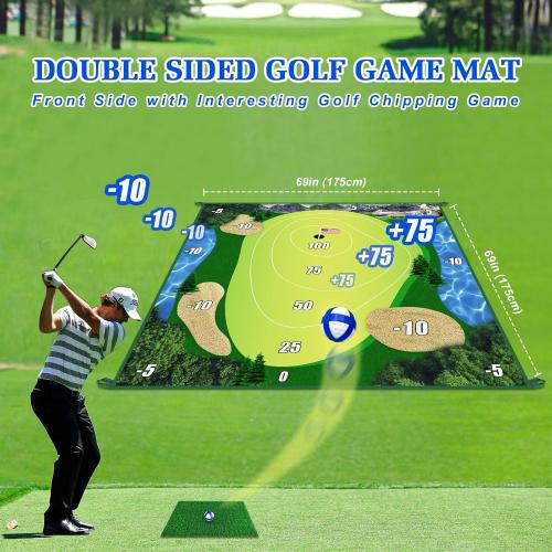 Golf Chipping Game with Hitting Mat, 70x70 Double Sided Golf Practice Mat Kits with 20 Sticky Balls, Indoor Outdoor Golf Training Accessories for Adult Family Yard Game (No Club)