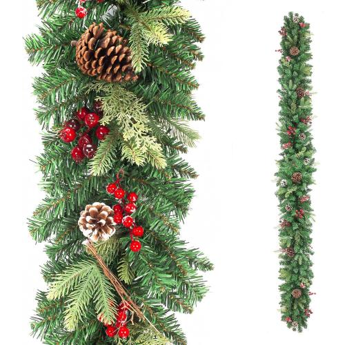Pre-lit Christmas Garland 9FT with 100 Warm Lights, Battery Operated Xmas Garland with Pine Cedar Cones & Red Berries, Christmas Decoration for Mantle Fireplace Stair Railing Porch