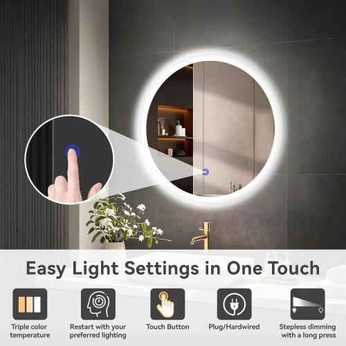 20“ x 20” LED Bathroom Smart Mirror, Round Mirror with Three Color Light Temperature Brightness Settings,Backlit   Front Lit,Wall-Mounted Vanity Mirror with Memory Function