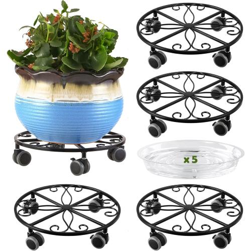 5 Pack Plant Caddy with Wheels Heavy Duty 13.5 Inches Metal Plant Stand with Wheels Plant Dolly Rolling Plant Stand Plant Roller with Casters for Indoor and Outdoor, Black