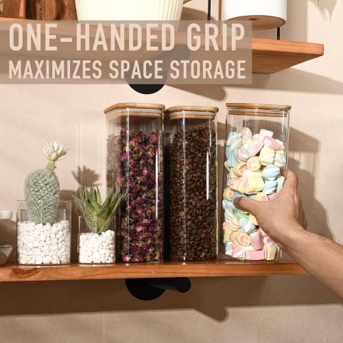 64oz Rectangle Airtight Glass Storage Containers with Bamboo Lids (Set of 4), Square Food Storage Jar, Pantry Organizers for Cereal, Flour, Pasta and Coffee beans (with Black Lable)